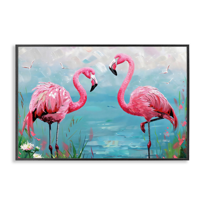 Giclée Flamingo Lagoon Duo, design par LSR Design Studio, H 12 po x l 18 po, Giclée encadrée noir minuit