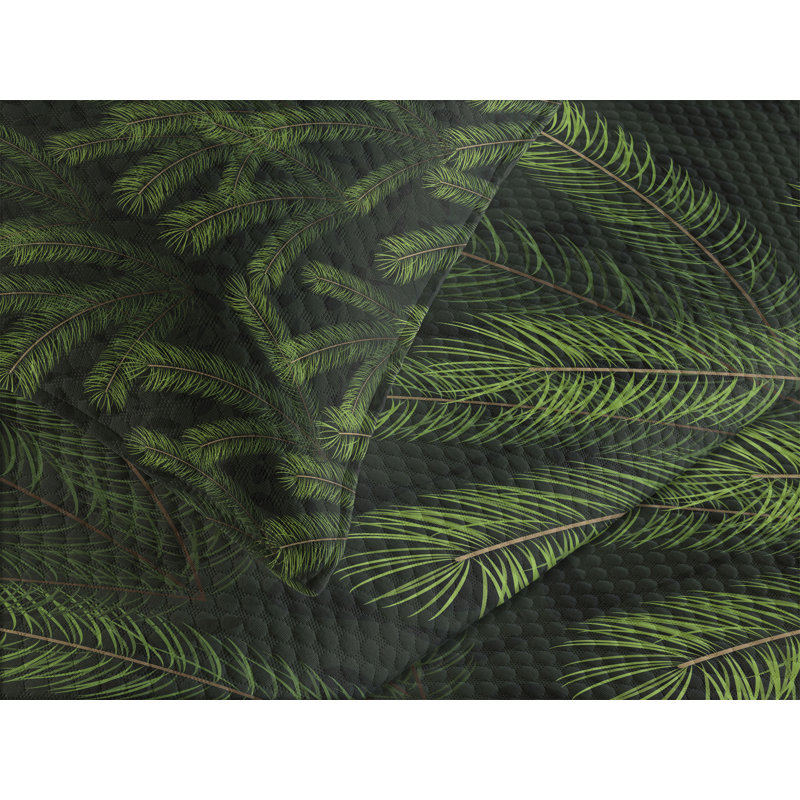 Queen White Quilted Bedspread Set with Green Pine Design
