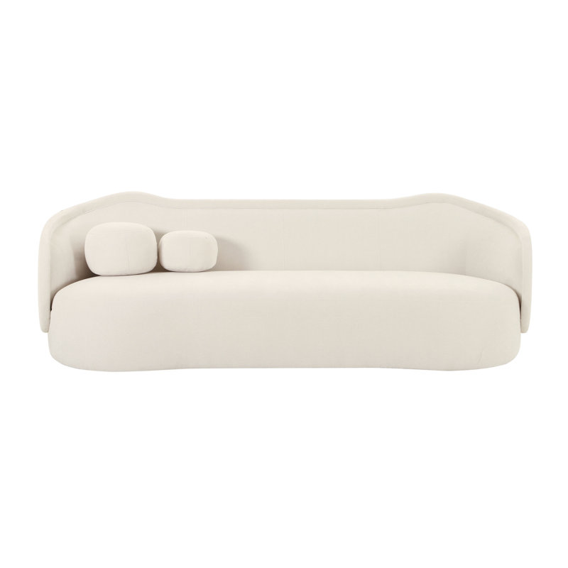 Cream Velvet Curved Herringbone Sofa with Wooden Legs