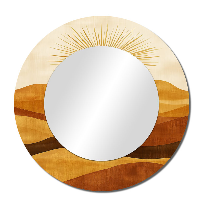 Rétro coucher de soleil sur les lignes désertiques - miroir mural rond Boho, impression métallique, 36" x 36"