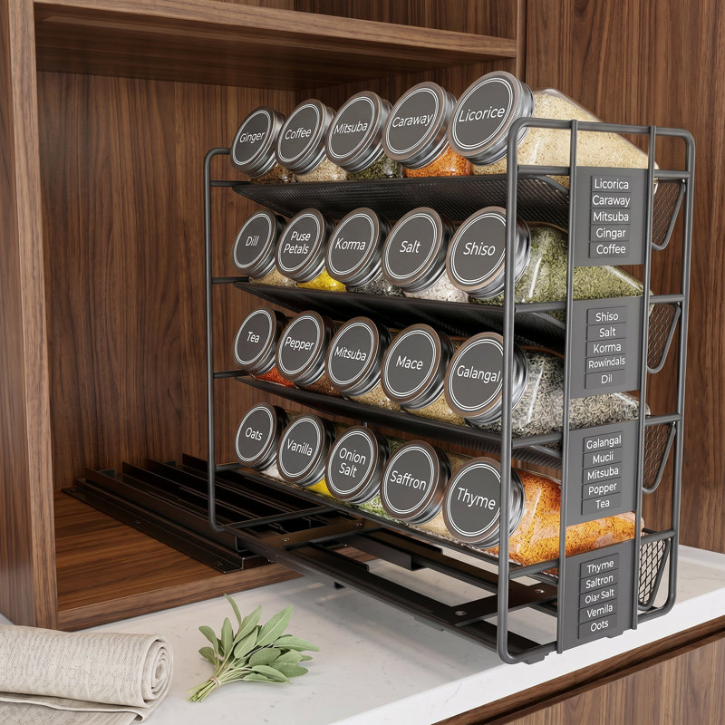 Étagère à épices escamotable avec 20 pots, organisateur d'armoire coulissant robuste, 801 étiquettes et marqueur à craie
