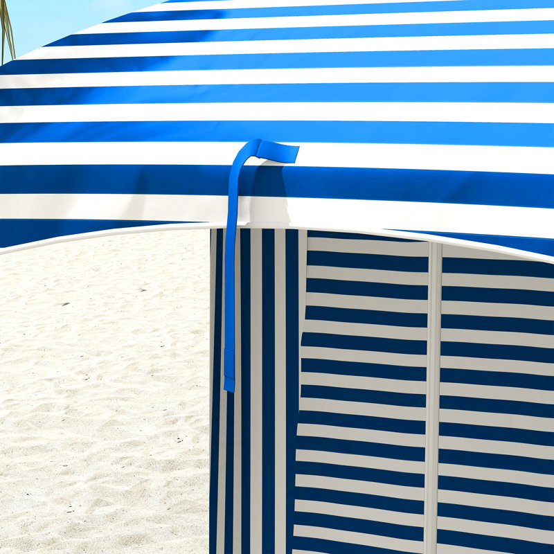 Parasol 5,8 pi x 5,8 pi avec murs, évents, volants, sac de transport, parasol de plage, rayures bleues et blanches