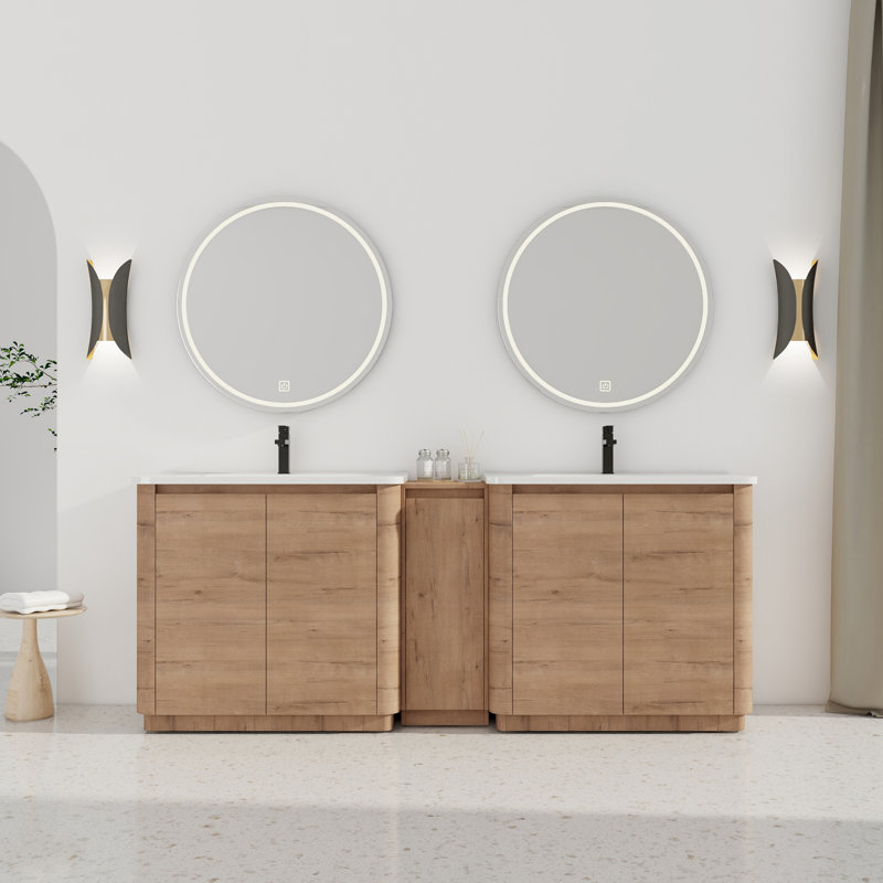  Ensemble de meuble-lavabo autoportant 84 po avec éviers simples en céramique et armoire de rangement latérale en chêne imitation 84 po