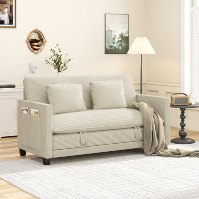 65" Convertible Sofa Bed With Storage Pockets & 2 Pillows, Modern 2-In-1 Folding Corduroy Fabric Loveseat For Small Spaces, Beige