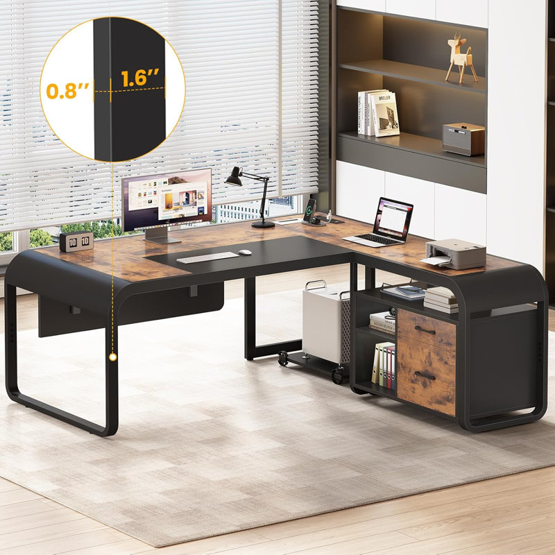 63”L Shaped Desk, Computer Desk With File Cabinet Drawers & Storage Shelves, Brown/Black