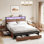 Lit Livia Queen avec 4 tiroirs et tête de lit ouverte avec rangement, lampe DEL réglable et station de recharge, sommier non requis