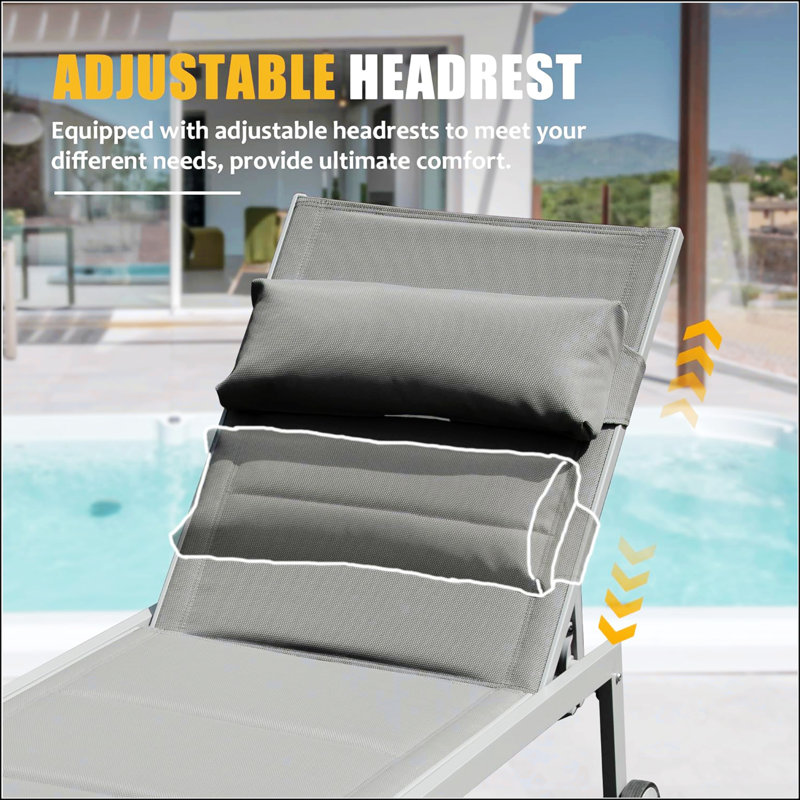 Chaises longues en aluminium avec table d'appoint et roues, Gris