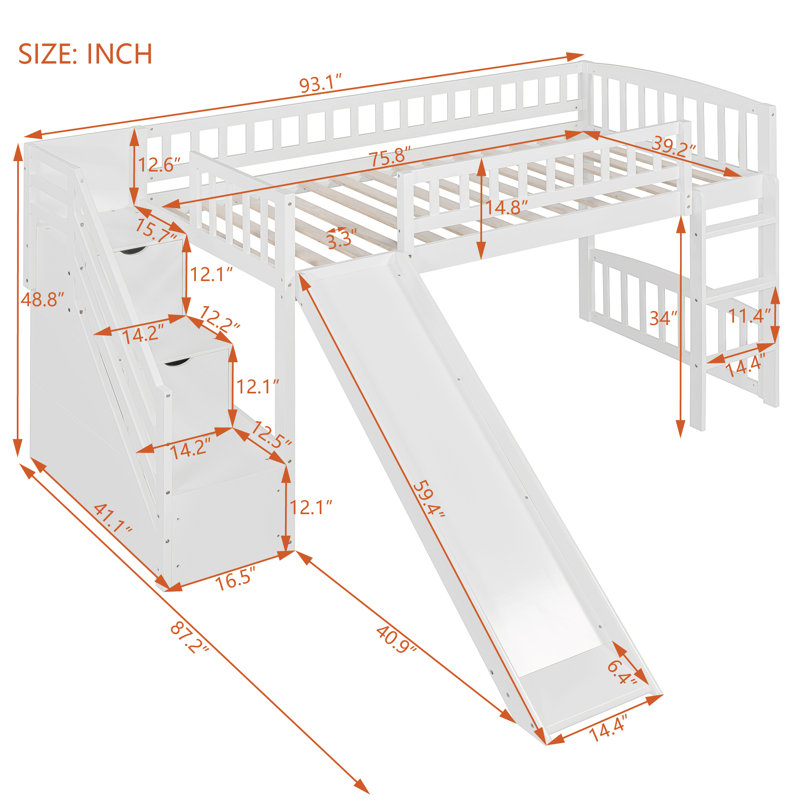 Loft Bed With Slide, Storage Stairs And Ladder, White