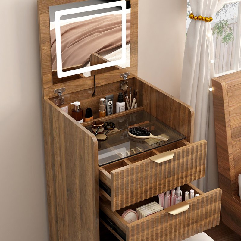 Coiffeuse moderne 3 en 1 avec 3 tiroirs, tabouret à roulettes, miroir rabattable et éclairage.
