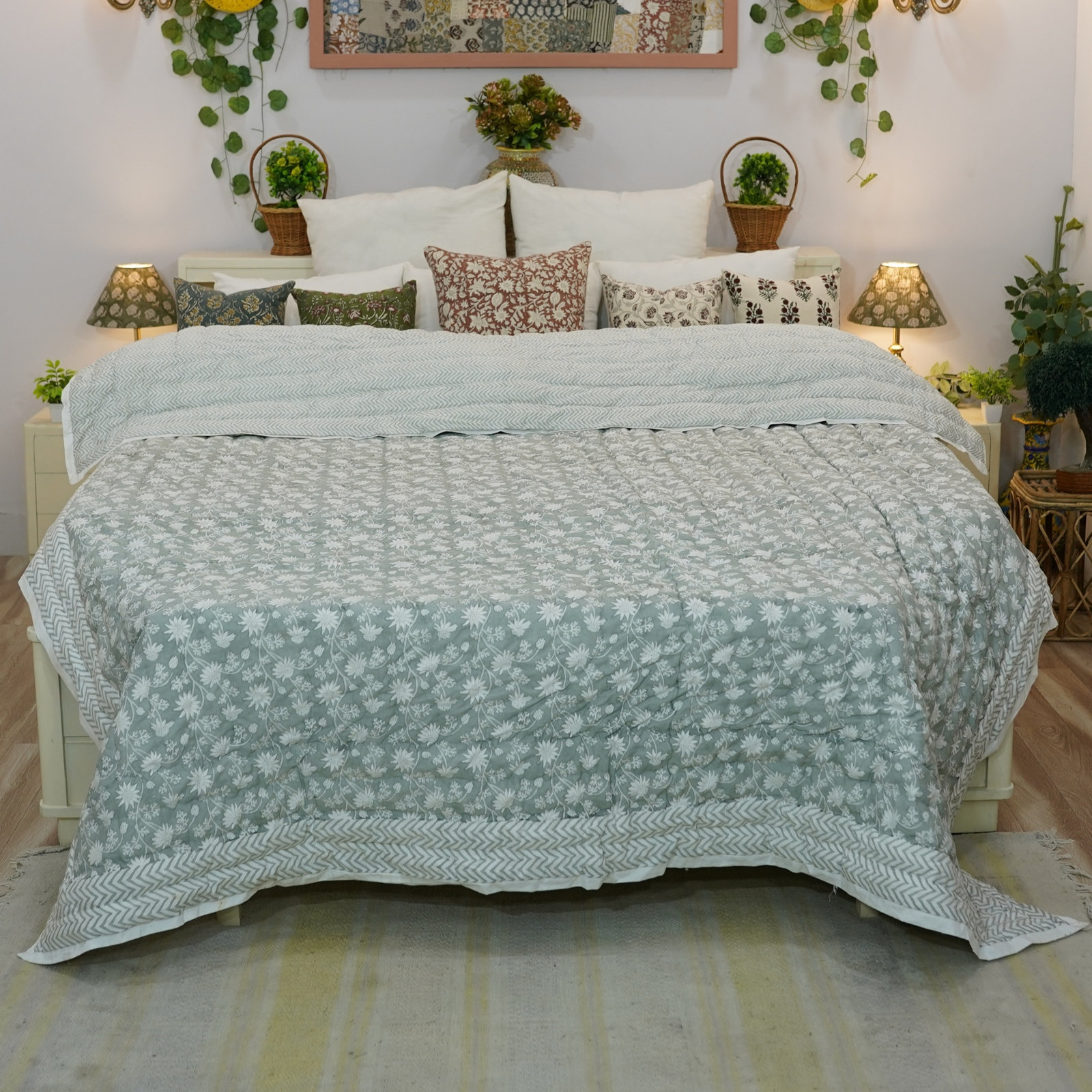 Cotton Quilted Throw Blanket, Blue/White, Cal King