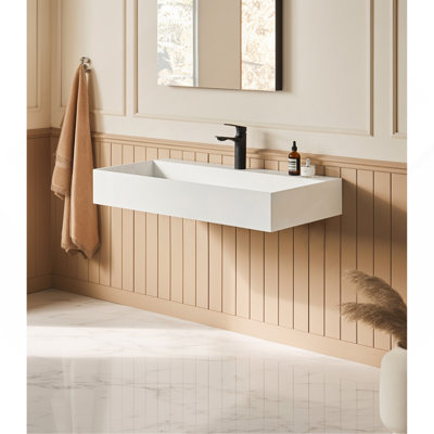 36" X 18" Solid Surface Wall Mount Rectangle Matte White Vessel Sink With Faucet Hole