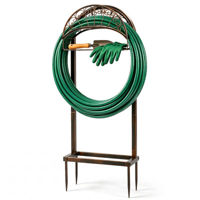 Heavy Duty Freestanding Garden Hose Holder with Storage Basket,4 Ground Spikes Stable Water Hose Hanger Rack,Bronze for Yard,Lawn & Farm