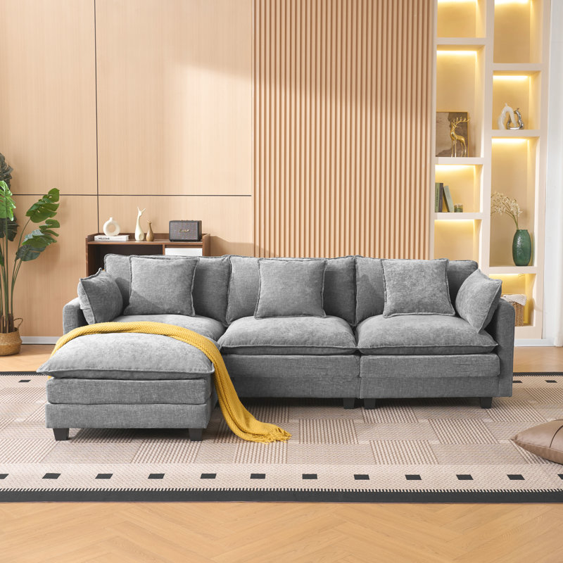 Canapé d'angle gris 3 places avec rangement et banquette, en chenille, fonctionnel pour les petits espaces, design rembourré aux formes douces, convient pour une chambre, un appartement, etc.