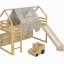 Wooden cabin frame with a tented loft bed