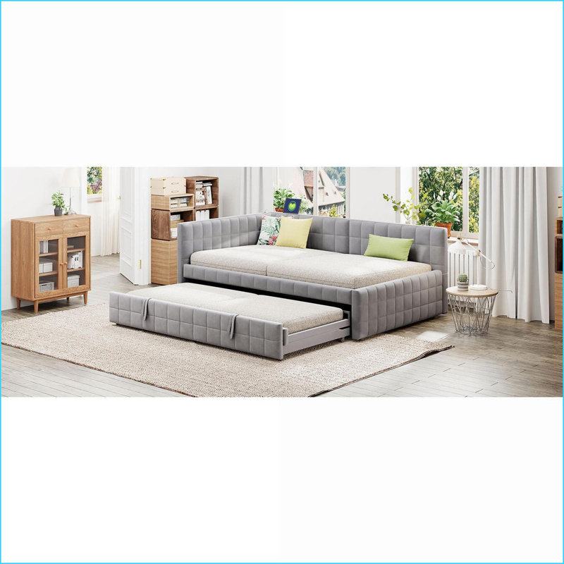 Full Size Upholstered L-Shaped Daybed with Twin Pop-Up Trundle &amp; USB Ports, Gray Plywood Frame, Gray