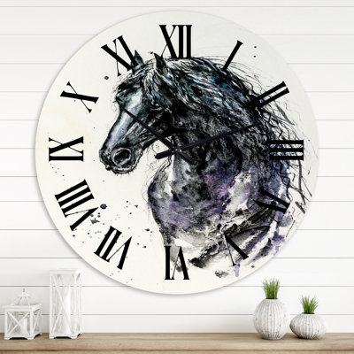Portrait of Friesian Horse With Long Manes - Farmhouse wall clock
