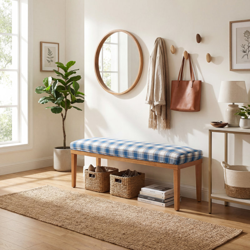 Banc rembourré pour l'extrémité du lit, banc d'entrée de 53 po de longueur, banc de salle à manger moderne avec pieds en bois, lin écossais bleu