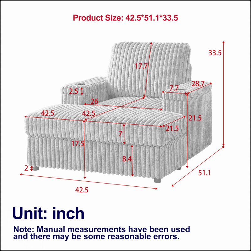 Fauteuil inclinable en velours côtelé de 42,5 pouces avec rangement, porte-gobelet et dossier confortable pour la détente dans le salon