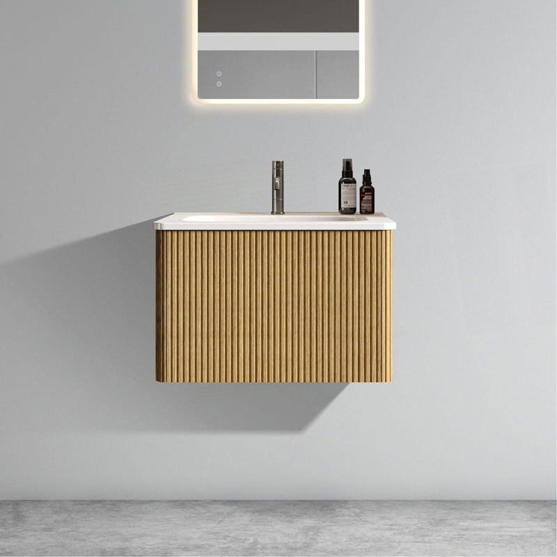 Etna 24" Striped Natural Oak Bathroom Vanity With White Ceramic Sink, Wall Mounted Floating Bathroom Vanity For Modern Bathroom, Pre-Assembled