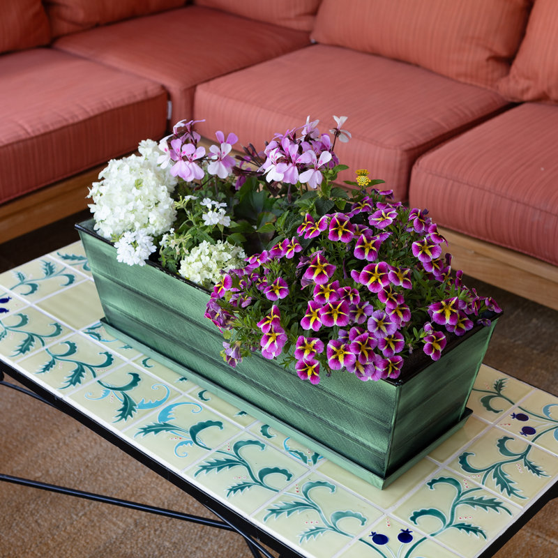 Medium Green Galvanized Steel Rectangular Flower Box Planter with Tray