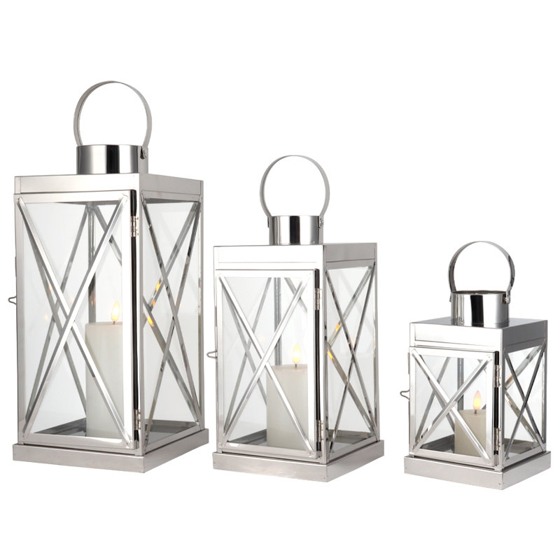 Silver Stainless Steel Lantern 3pcs-Square Elegance 8/12/16In, Silver
