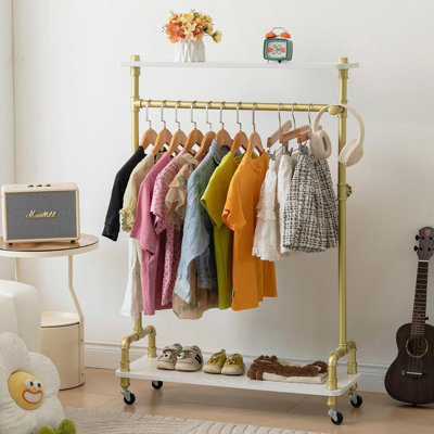 Kids Clothing Rack Dress Up Storage Closet For Little Girls, Toddler Clothes Rack With Wood Shelf, Rolling Pipe Child Costume Rack With Hook And Hanging Rod, Industrial Baby Garment Rack Wardrobe