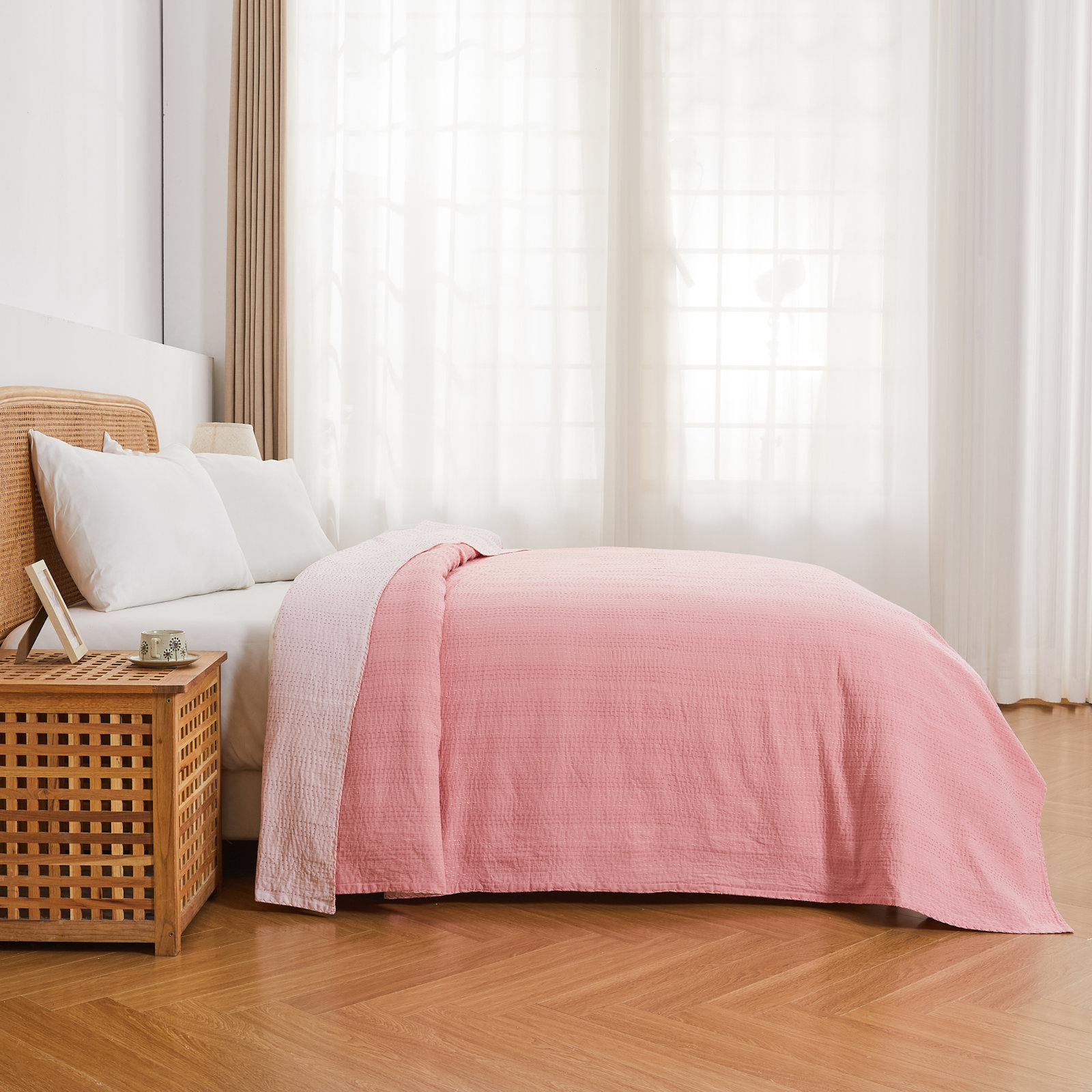 Soild Kantha Cotton Coverlet Set, Queen Coverlet, Pink