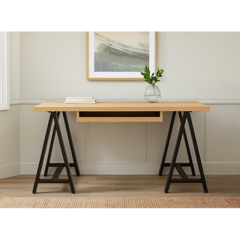 Rider Paolini Executive Desk One Large Keyboard Drawer From Oak Veneer On Solid Wood And Iron Legs In Brushed Ivory Finish