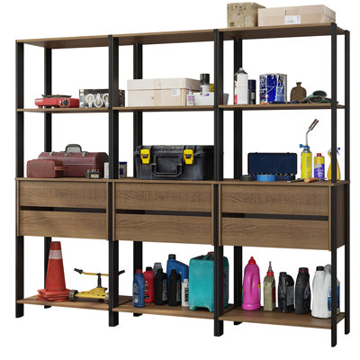  Garage Storage Rack with 6 Drawers and Open Shelves 82"L Multiuse Modular Organization Cabinet for Tools - Black/Brown
