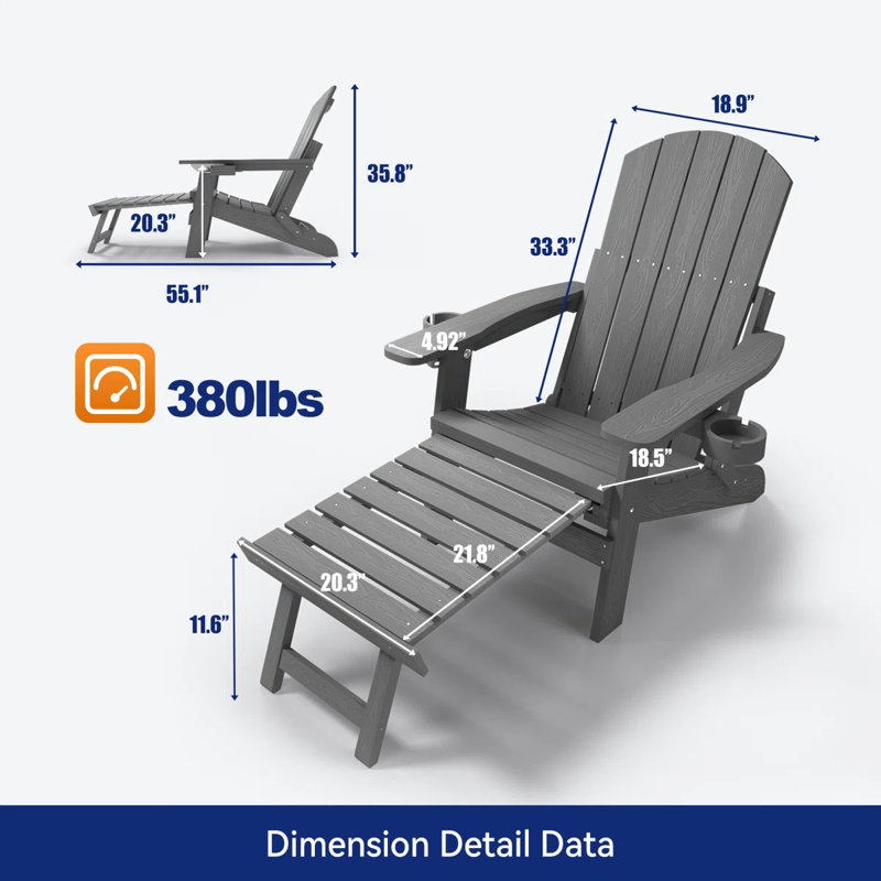 Outdoor Reclining HIPS Adirondack Chair With Footrest Set of 2, Gray