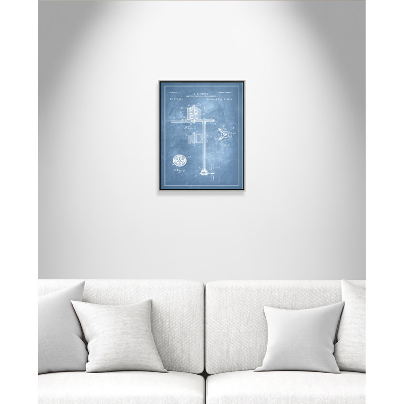 «Boat Motor 2 Blueprint - Blue - Floater Frame», impression sur toile, Cadre argenté, H 28 po x l 22 po x P 2 po