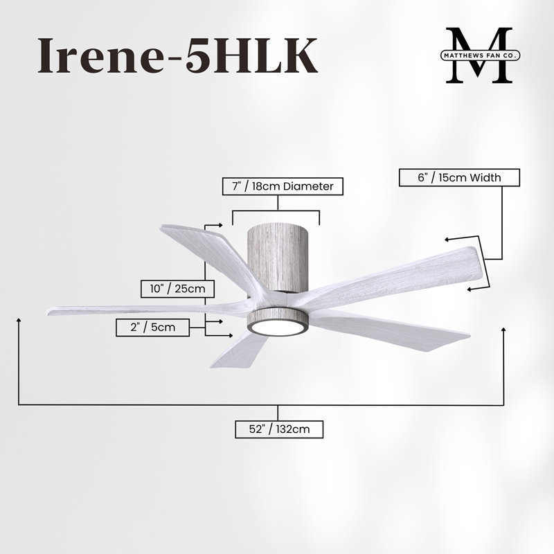 Irene Flushmount Light Kit 5 Blade LED Ceiling Fan, Barn Wood Tone, 52", Matte White