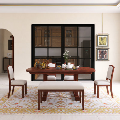 Ensemble de table de salle à manger extensible 76,89 "moderne 6 pièces avec rallonge amovible, 4 chaises et banc