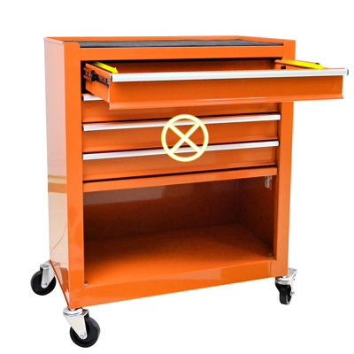 4 Drawers Tool Cart With Wheels - Orange Color, Steel, -Bearing For Garage Access, Storage And Tools Handling Shade, Tidiness Organization