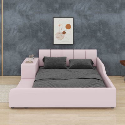 Queen Size Upholstered Grounded Bed, Mother & Child Bed With Bedside Desk And Little Round Stool, Velvet Upholstered Bed Frame