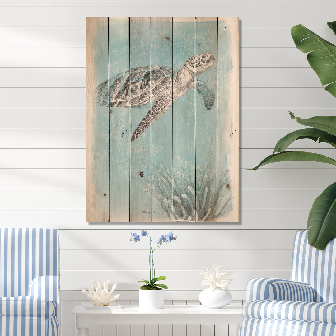 Coastal Sea Life I Turtle Sketches Print on Natural Wood East Urban Home 