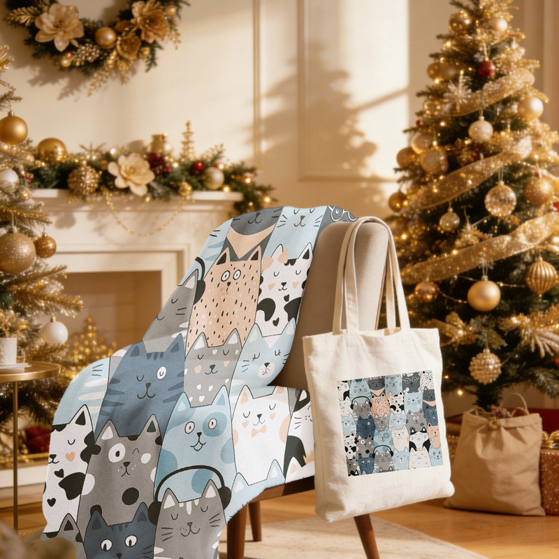 Ensemble-cadeau de Noël 2 pièces multicolore gris de Noël: couverture en flanelle 30 po x 40 po + fourre-tout en toile 15,75 po x 13,78 po - Ensemble de décoration festive pour animaux de compagnie