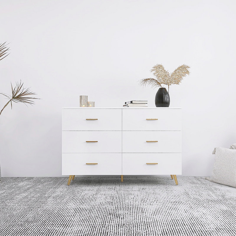 Commode 6 tiroirs à surface ultrabrillante avec poignée dorée et pieds en acier doré