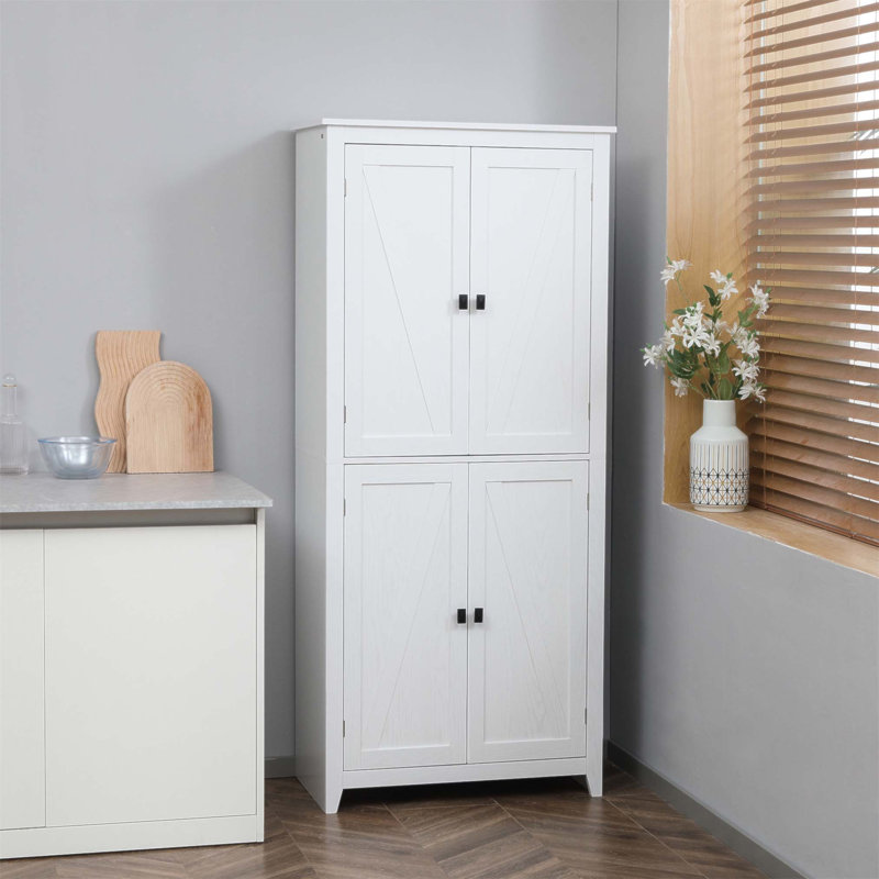 Freestanding 4-Door Kitchen Pantry with 4-Tiers and Adjustable Shelves, Perfect for Extra Storage and Organization, White