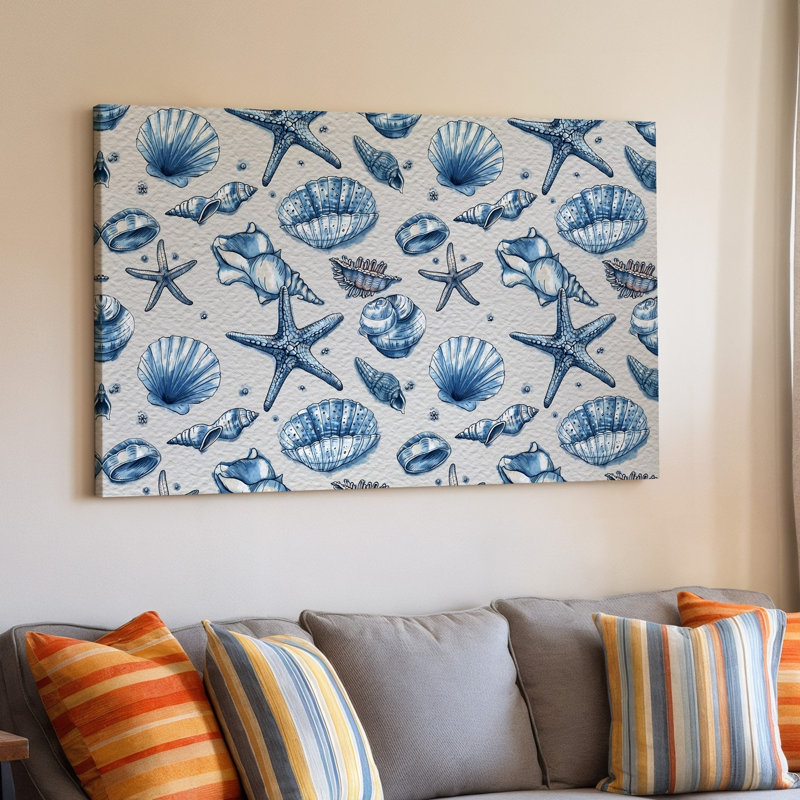 La toile crée un motif sans couture avec divers coquillages et étoiles de mer, art mural illustré dans un style délicat dessiné à la main