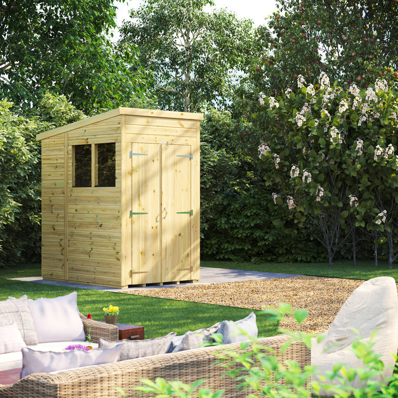 Powersheds 4 x 6ft Premium Pressure Treated Timber Pent Garden Shed, Double Doors