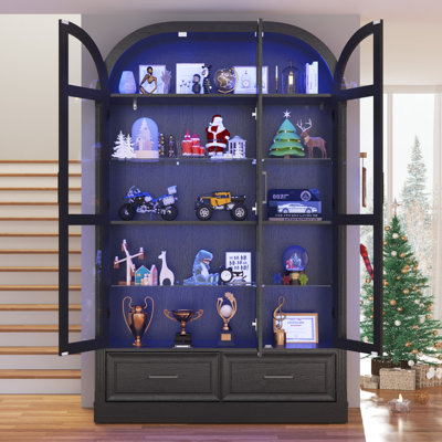 74 Inch Arched Glass Display Cabinet with Drawers, Motion Sensor 3-Color LED Lights, 5-Tier Curio Showcase for Collectibles, Figures, Trophies & Books