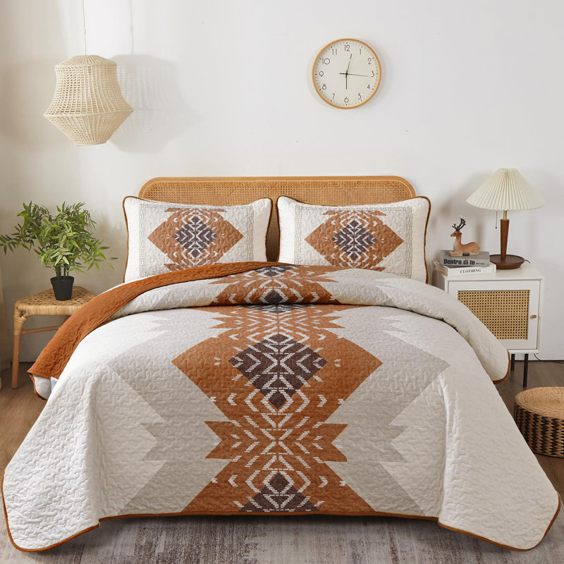 3-Piece Boho Aztec Western Quilt Set Textured Bedspread Coverlet with Pillowcases for All Seasons, Terracotta