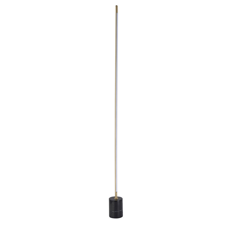 This LED Floor Lamp Is In A Brass And Black Finish. The Frame Is Made Out Of Stainless Steel, And The LED Bulb Is Integrated Into The Frame. It Also Comes With A Black Marble Base And Silicone Diffuser. It Is Great For Chair Side Reading Or General Illumi
