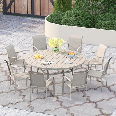 60" Patio dining set with Metal Round Dining Table and Stackable Armrest Dining Chairs