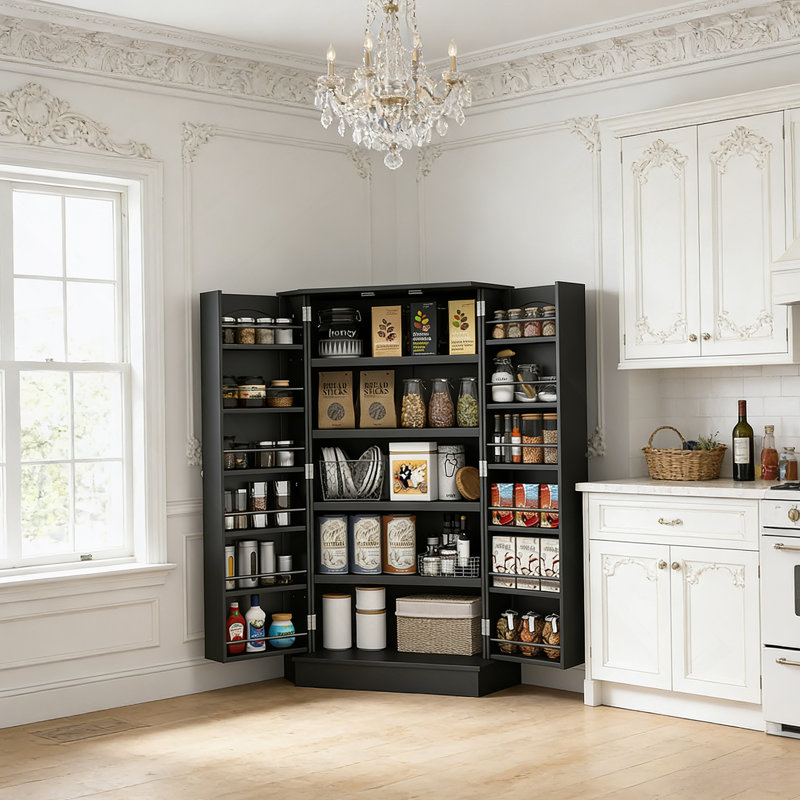 Armoire de cuisine moderne avec 5 étagères et 12 étagères à épices pour un rangement intelligent et sécuritaire., Noir