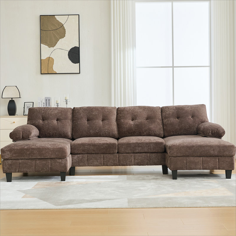 U-Shaped Sectional Sofa 103.5" Chenille Fabric Couch With Dual Chaise Lounges, Storage Pockets And Armrest Pillows For Living Room, Brown
