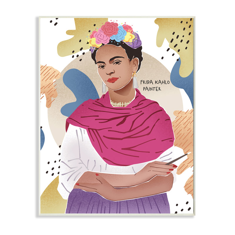 Frida posant au pinceau avec un motif rond abstrait, Plaque murale, H 19 po x l 13 po