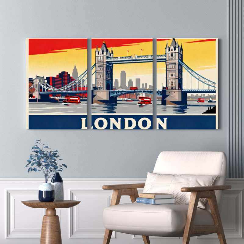 Ensemble de 3 tableaux sur toile de style vintage représentant le Tower Bridge de Londres, H 24 po x l 48 po