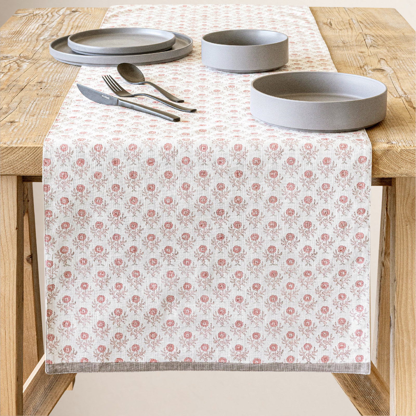 Hand-Blocked Table Runner, 18" W x 90" L, Pink Bloom